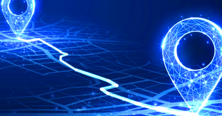 Digital map with glowing location pins connected by a data-driven route illustrating AI-powered geospatial analytics