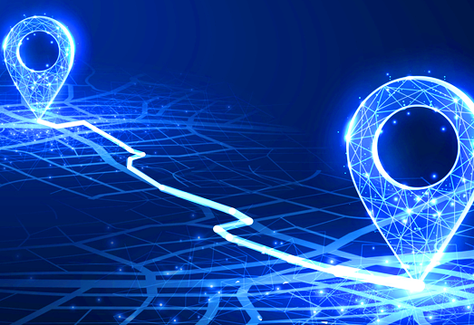 Digital map with glowing location pins connected by a data-driven route illustrating AI-powered geospatial analytics