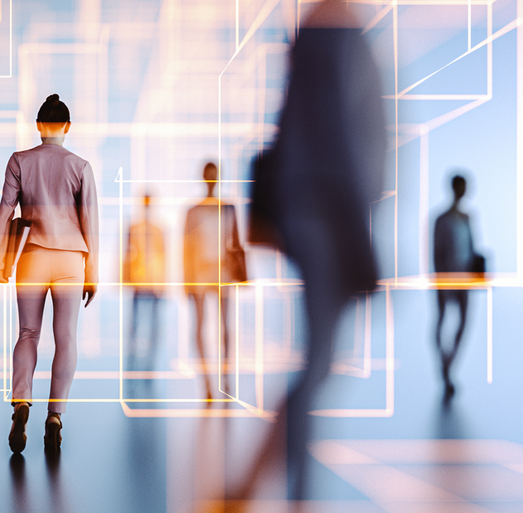 Business professionals moving through a modern digital workspace with technology overlays