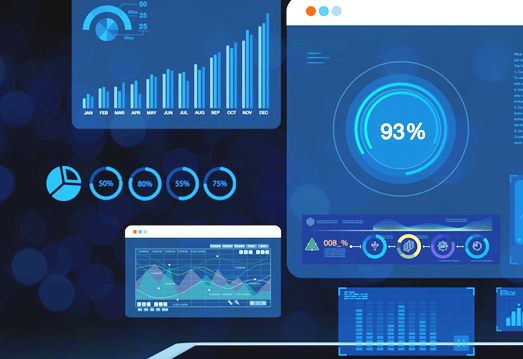 Digital transformation dashboard displaying business performance metrics, analytics charts, and KPI indicators