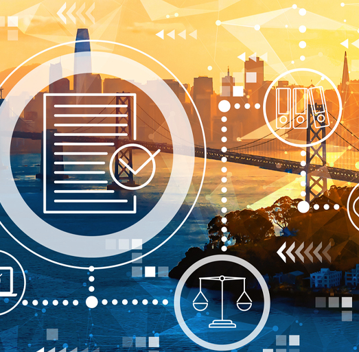A conceptual digital overlay over a sunset cityscape and suspension bridge. White circular icons illustrate compliance and legal themes, including a document with a checkmark, three binders, and a scale of justice, interconnected by dotted lines.
