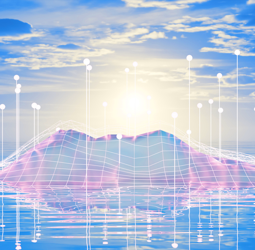 A futuristic digital rendering of a wireframe landscape or island rising out of a reflective blue water surface under a cloudy sky. Vertical white lines with glowing orb tops dot the landscape beneath a bright, central sunburst