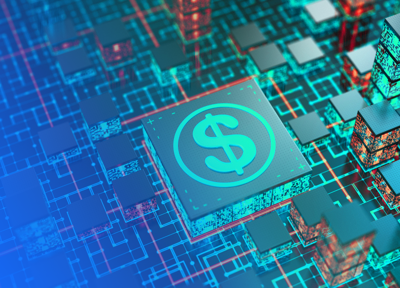3D rendered circuit board with a dollar sign chip representing digital finance