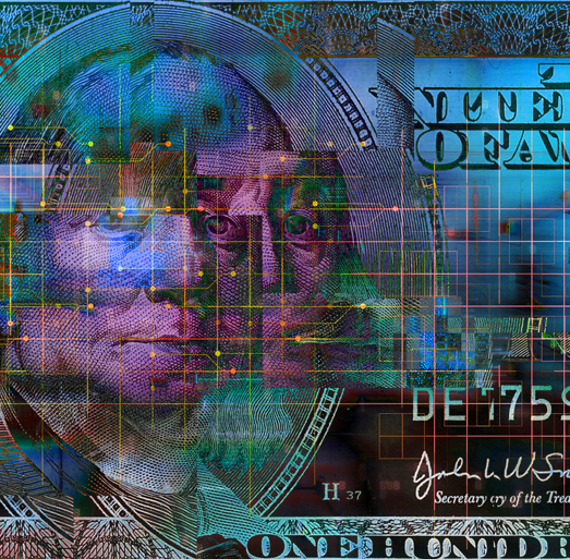 Digital data overlay on US currency representing financial services technology and data-driven investment insights