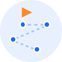 A circular icon on a pale blue background showcasing a project roadmap or path. Four solid blue nodes with white outer rings are connected sequentially by light-blue dashed lines in a zigzag pattern. The final node at the top left is capped with a solid orange flag.