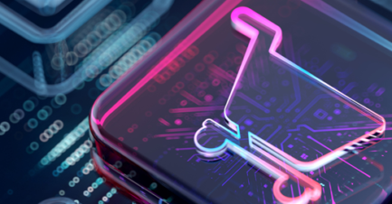 Digital shopping cart icon on a circuit board representing technology-driven retail and e-commerce innovation